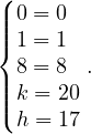 (
|||| 0 = 0
{ 1 = 1
|| 8 = 8 .
||( k = 20
  h = 17

